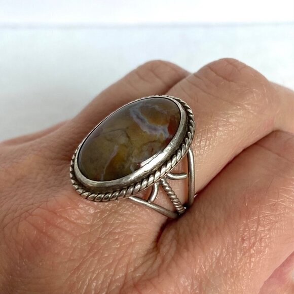 VTG Sterling Silver 925 Signed ED Oval Polychrome Jasper Split Shank Ring Sz 8 - Picture 3 of 16